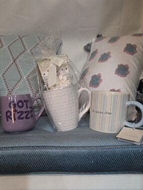 Set of Three Ceramic Mugs - Purple, White, and Light Blue